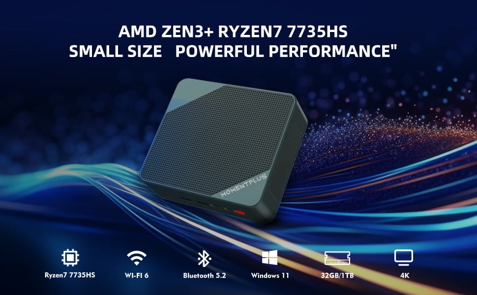 MOMENTPLUS Mini Gaming PC,AMD Ryzen 7 7735HS(Up to 4.75GHz) 32GB RAM 1TB  SSD Mini Computers, AMD Radeon 680M Micro PC Support 4K Triple