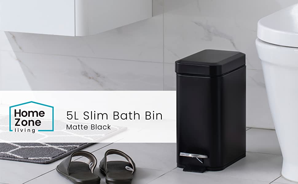 Home Zone Living 1.3 Gallon Slim Bathroom Trash Can, Stainless Steel Body with Lid and Step Pedal, 5 Liter, Matte Black