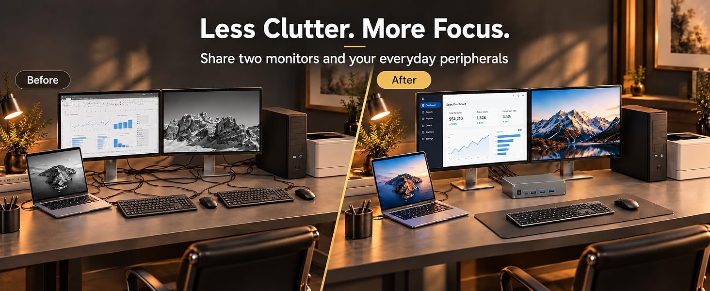 4K@60Hz KVM Switch 2 Monitors 1 Laptop 1 Desktop, USB C Docking Station KVM Switch for 1 Desktop 1 L