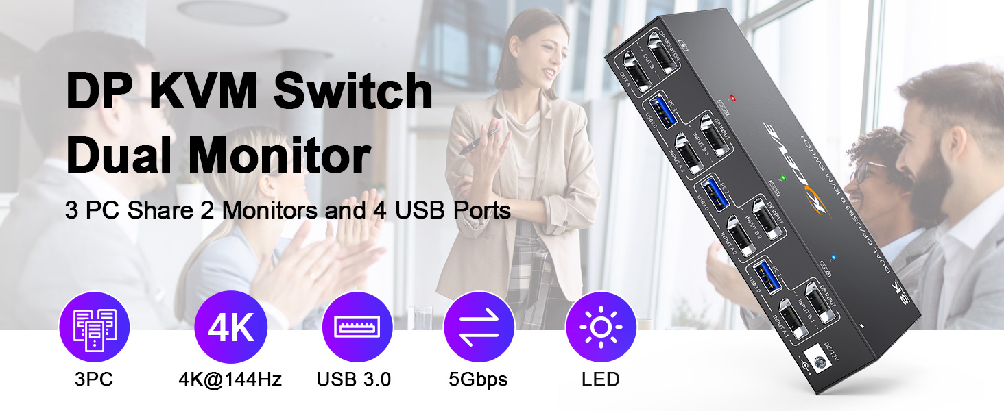 Dual DisplayPort KVM Switch, 3 PC Parts, 2 Monitors and 4 USB 3.0 Ports  3 computers share a set of