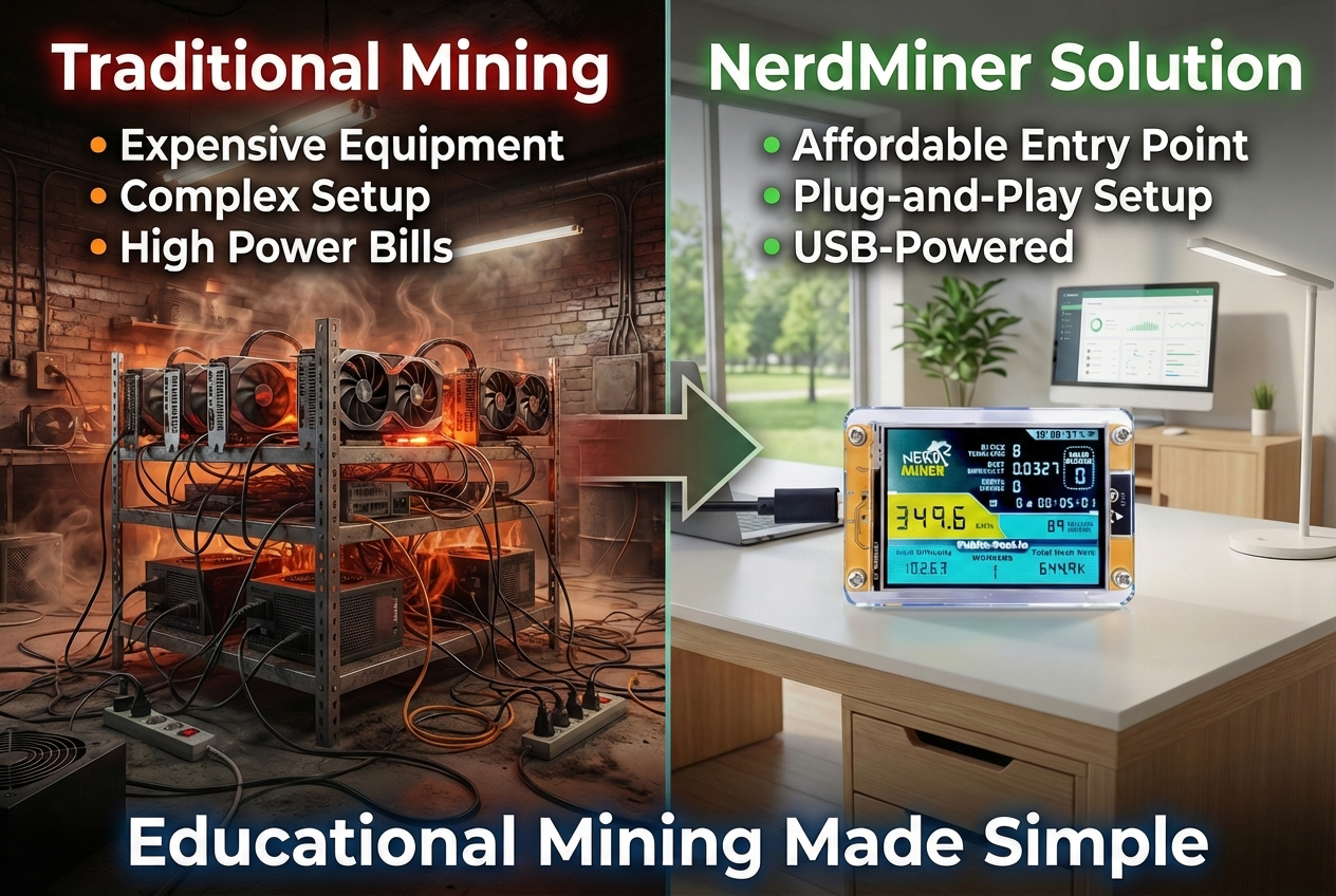NerdMiner vs traditional mining, affordable crypto monitor, low power consumption, USB-powered devic