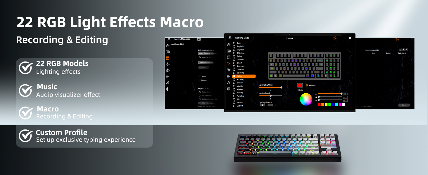 ZORNHER ZH870 Wireless Mechanical Gaming Keyboard,80% Black Custom