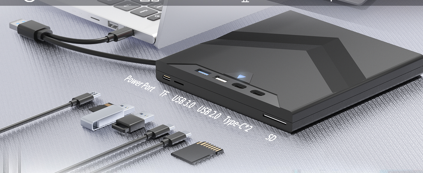 7-in-1 External CD/DVD Drive, with USB A, USB-C and SD/TF Card Slots, USB 3.0 & Type C CD/DVD Player