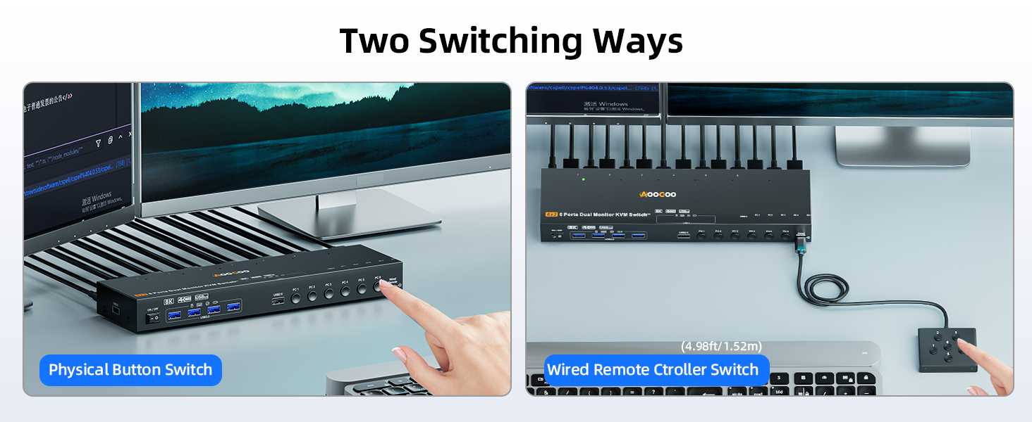HDMI + Displayport KVM Switch 6 Computers 2 Monitors, 8K@60Hz/4K@144Hz Dual Monitor KVM Switch
