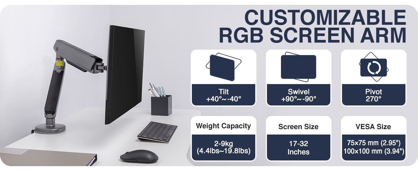 single monitor arm, LED monitor arm, RGB monitor arm, gaming monitor arm, VESA mount, ergonomic