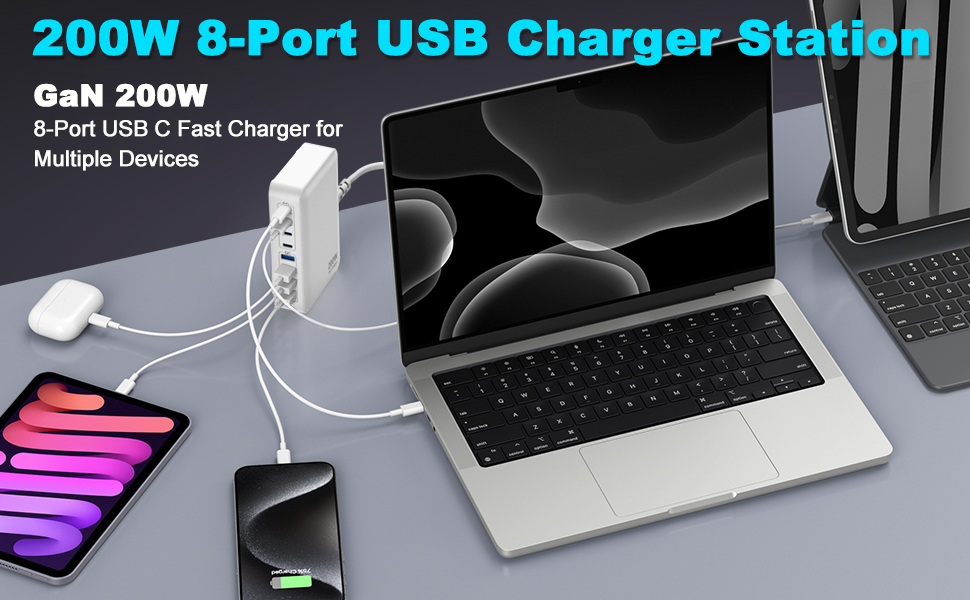 USB C Charger, 200W 8-Port QC & PD USB C Charging Station Hub, GaN Fast Charger, Compatible with Mac