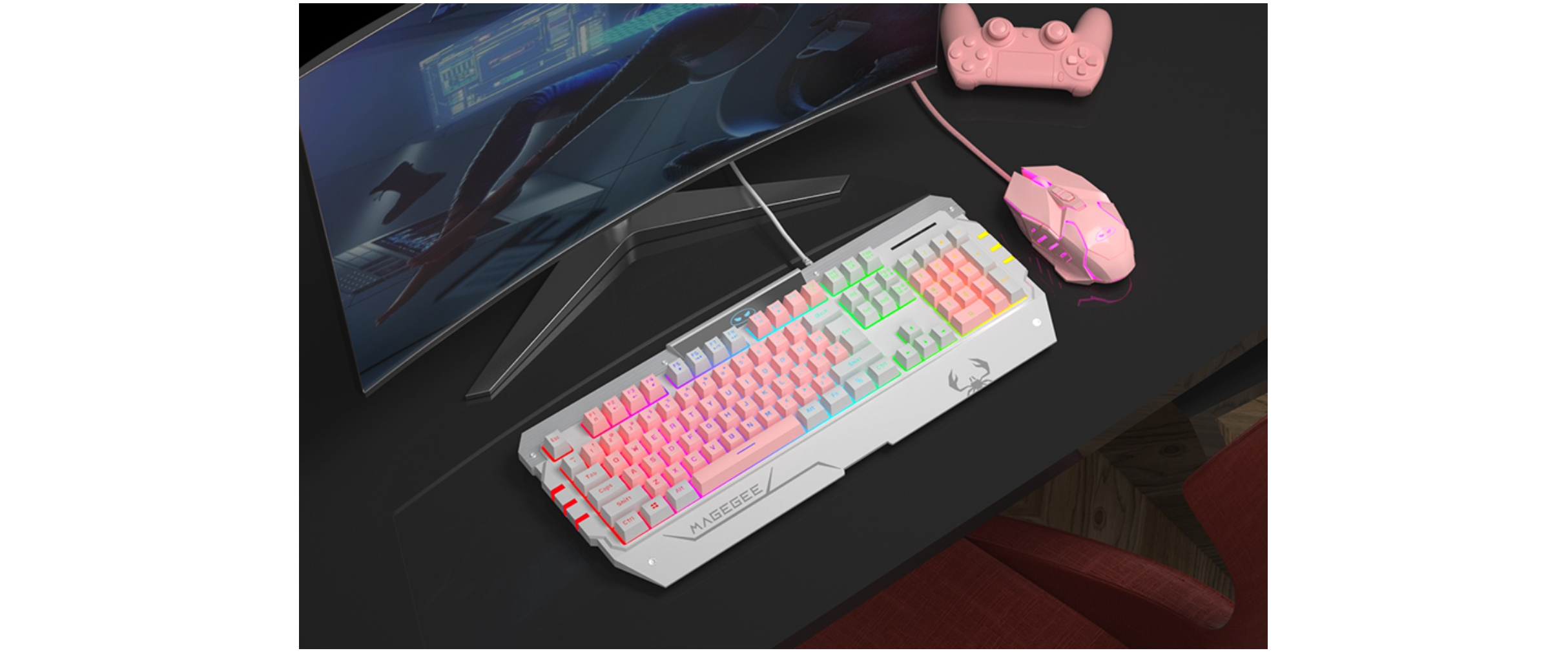 INMISS pink keyboard & mouse set, gamer desktop setup, monitor, pink gamepad