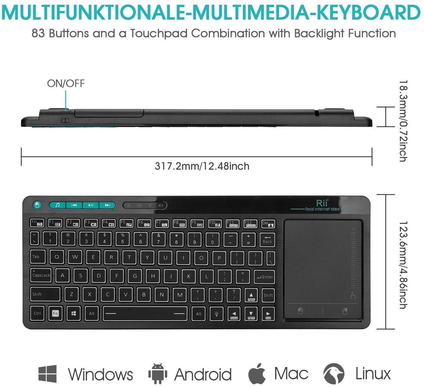 2.4GHZ Wireless 3-LED Color Backlit Multimedia Keyboard