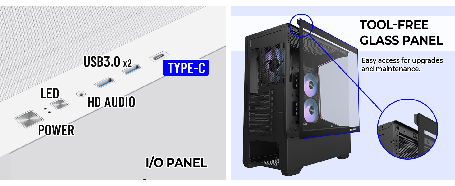 Features 2× USB 3.0 ports, 1× USB Type-C, and a tool-free quick-release panel design.