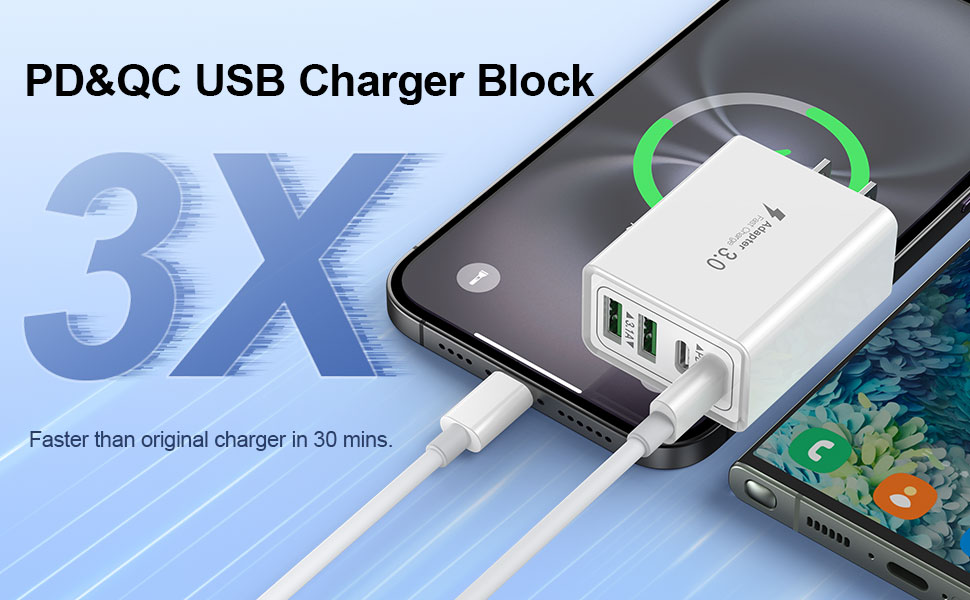 USB C Charger Block, 2-Pack 40W 4-Port PD Fast Charging Dual USB C Wall Charger, Multiport Power Ada