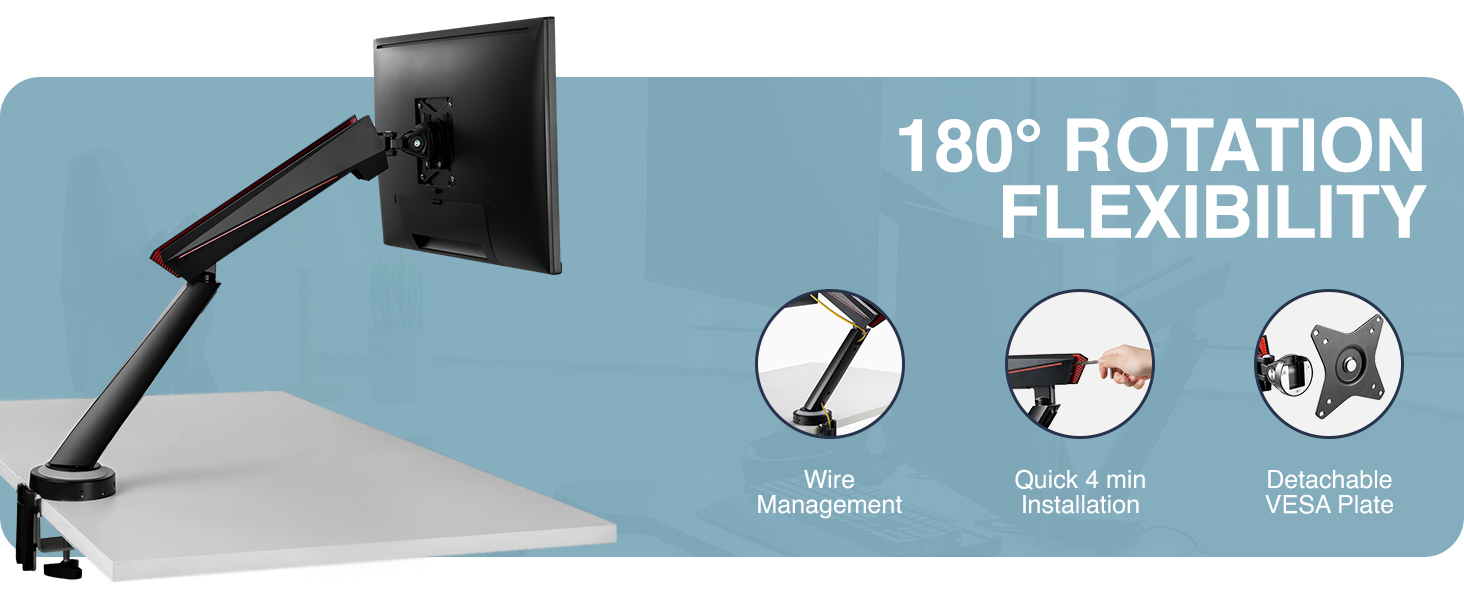 single monitor arm, LED monitor arm, RGB monitor arm, gaming monitor arm, VESA mount, ergonomic