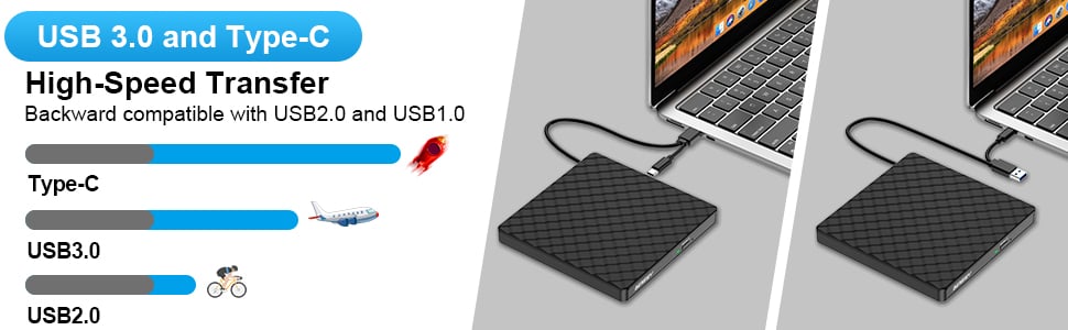 External CD DVD Drive, USB 3.0 Type-C Portable CD DVD +/-Rw Drive Reader