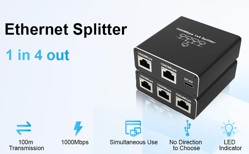 Ethernet Splitter 1 to 4 High Speed 1000Mbps, 1 to 4 Gigabit Ethernet Splitter RJ45 Splitter with US