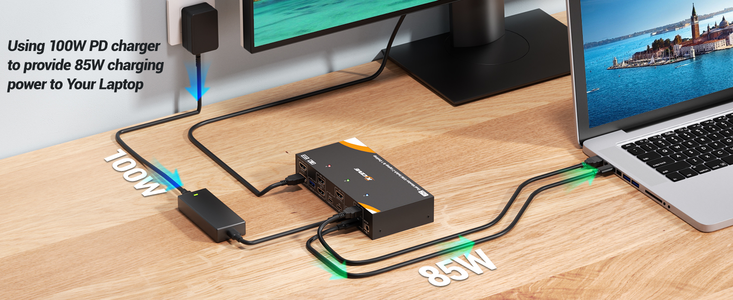 The Desktop needs 2 HDMI + 1 USB cable to plug into the KVM. Each Laptop needs 1 HDMI cable + 1 USB