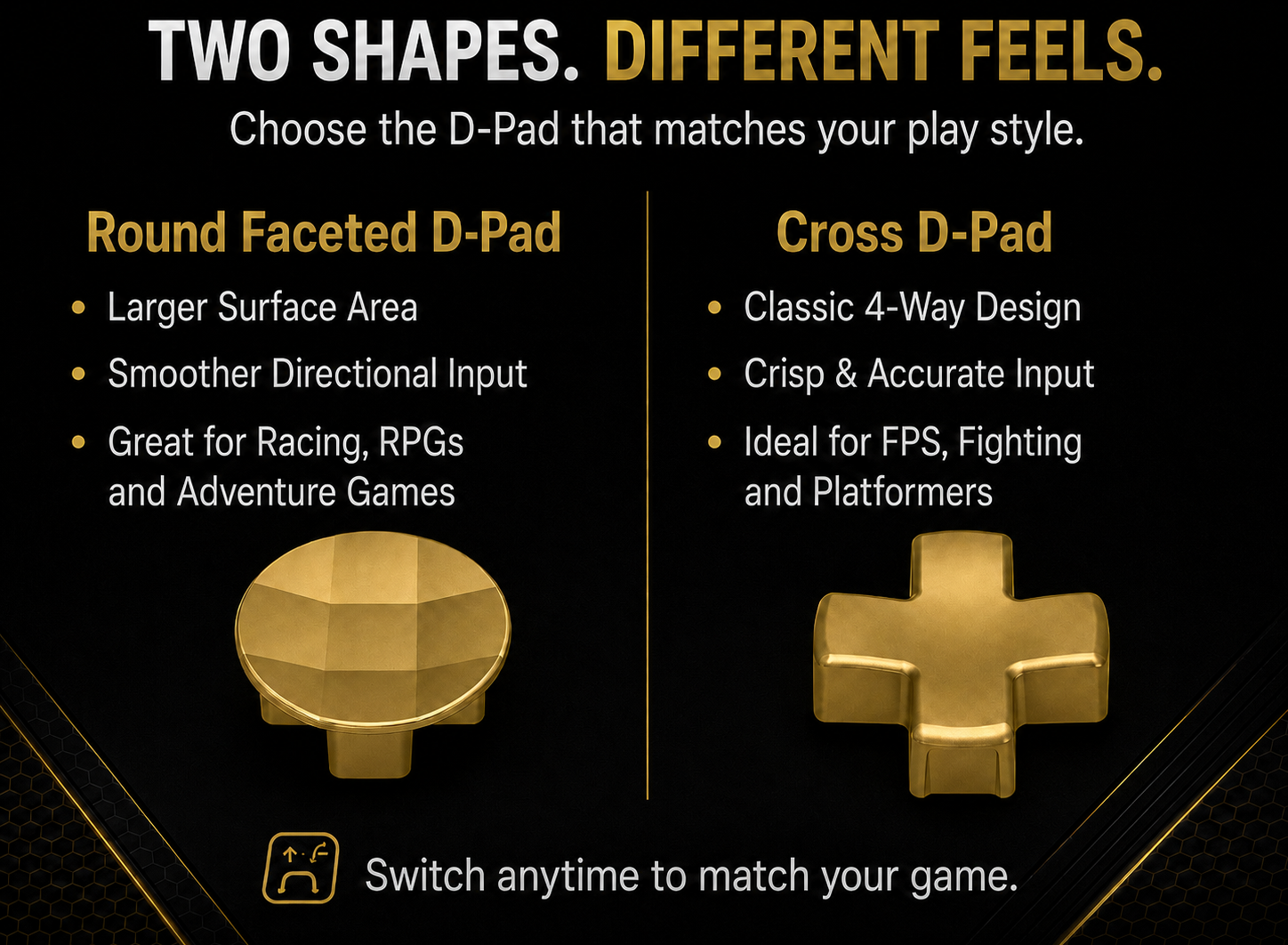 two d-pad styles, round faceted d-pad, cross directional pad
