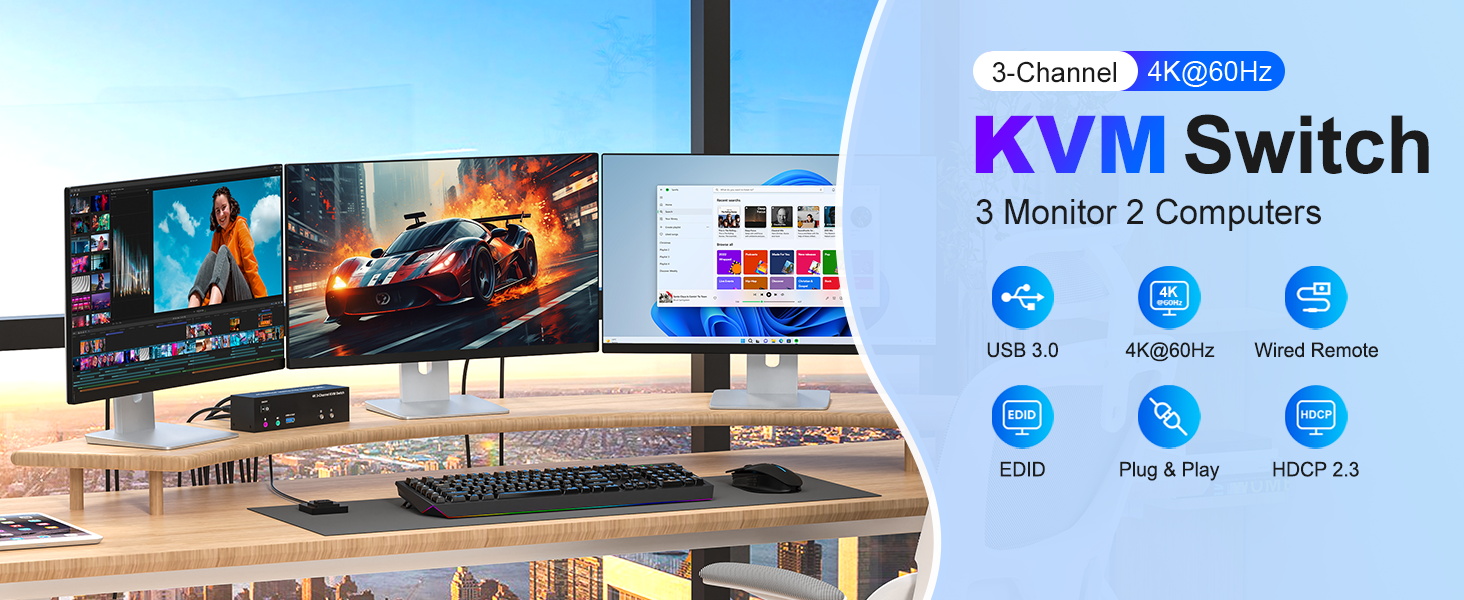 4K KVM Switch 3 Monitors 2 Computers, Triple Monitor Displayport + 2 HDMI USB 3.0 KVM Switches 4K@60