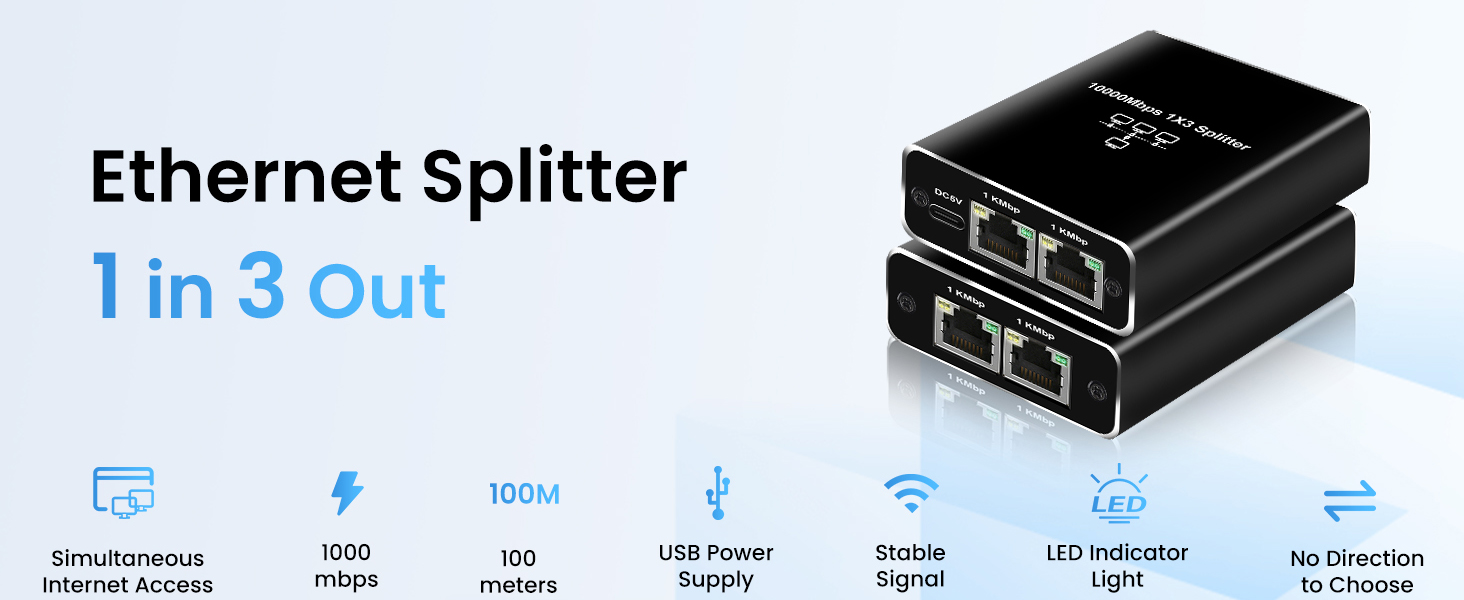 Gigabit Ethernet Splitter 1 to 3, 1000Mbps Ethernet Cable Splitte Extend Network(3 Devices Simultan