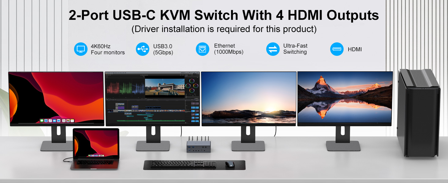 USB C KVM Switch 4 Monitors 2 Computers Docking Station 4K@60Hz for M1/M2/M3/M4 Thunderbolt KVM Swit