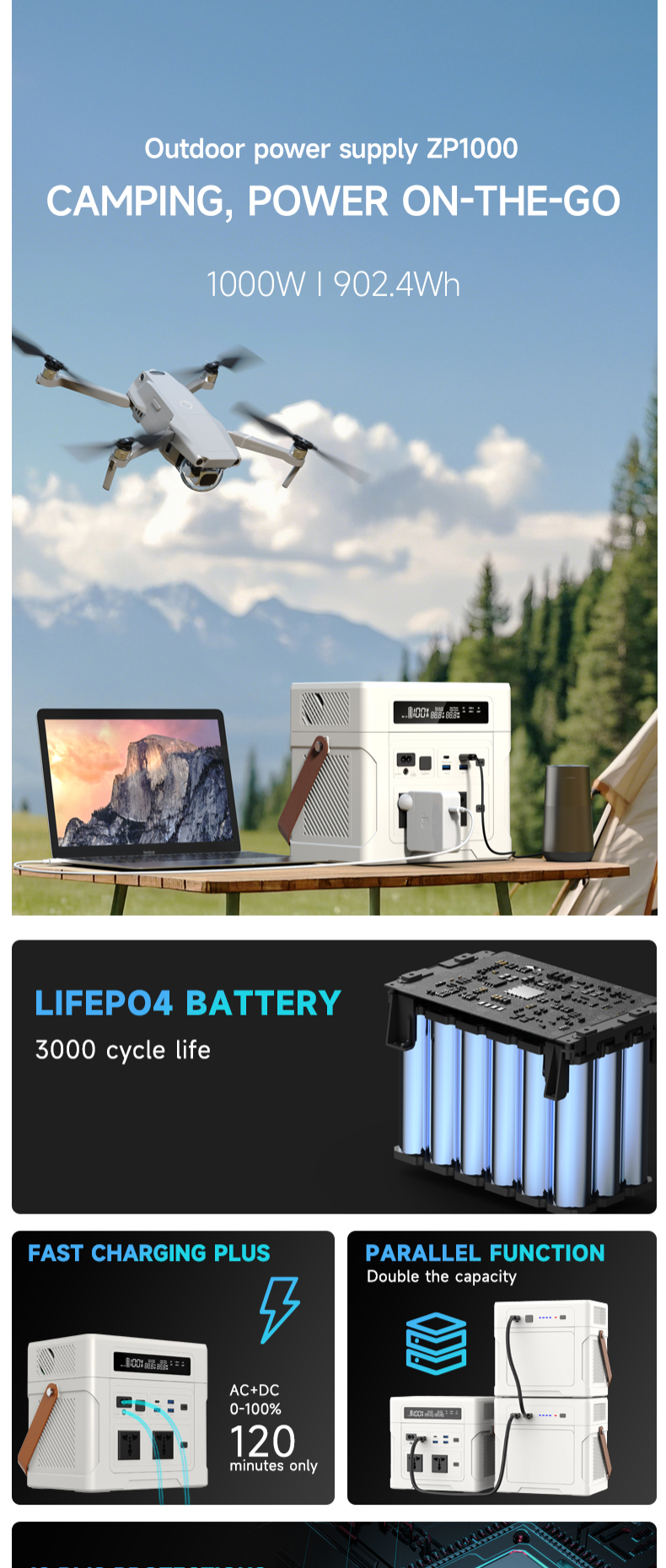 UAPOW Portable Power Station ZP1000, 902Wh LiFePO4 (LFP) battery, solar generator, 600W AC output, s