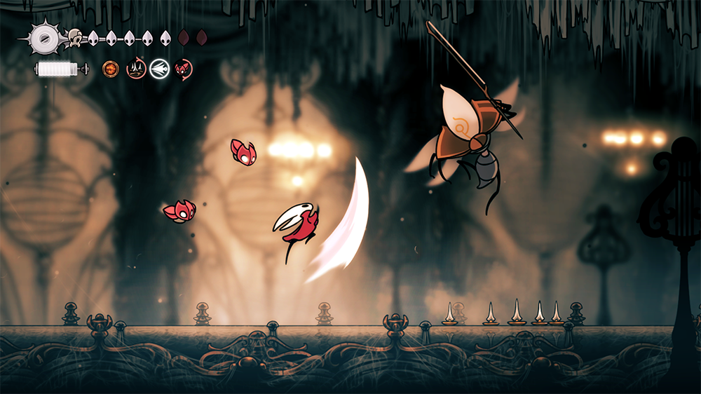 Hollow Knight Silksong screenshot showing Hornet traversing shining citadel with epic boss encounter