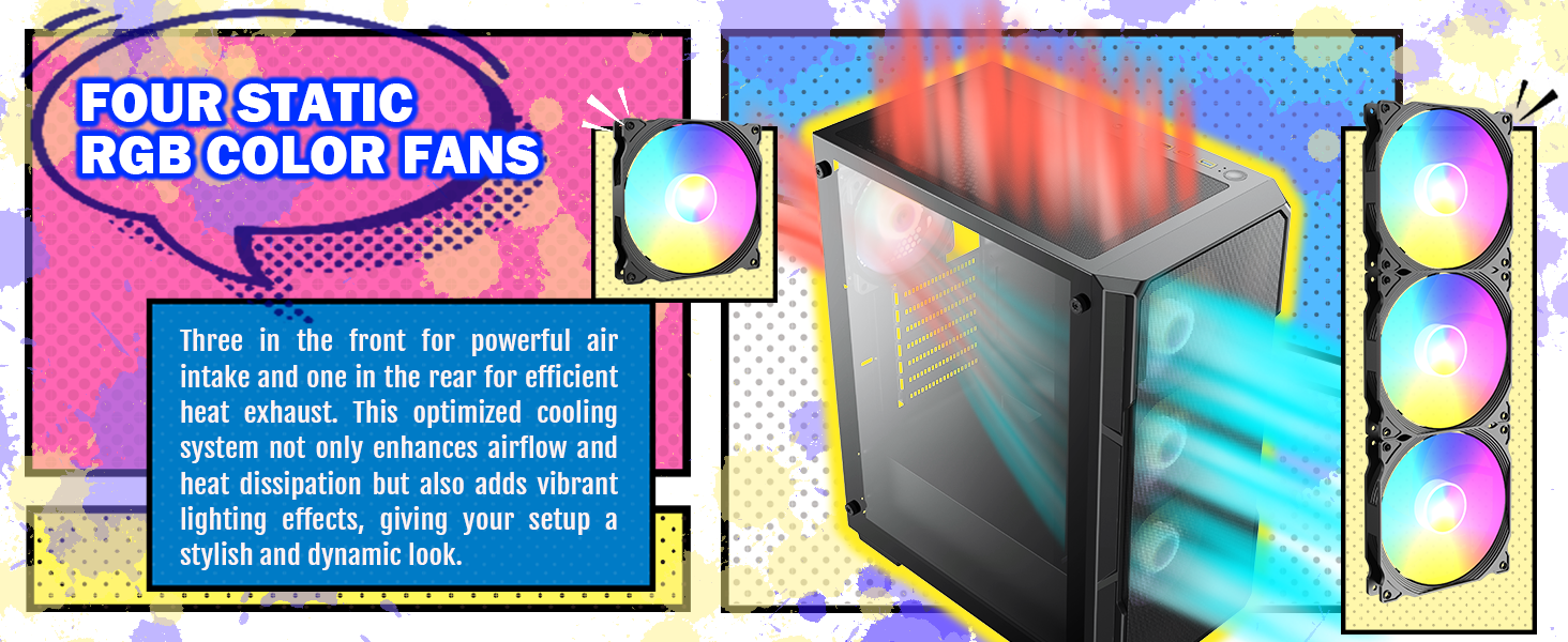 raidmax v212 mesh gaming case, atx mid tower, tempered glass, pre-installed 4 120mm fans