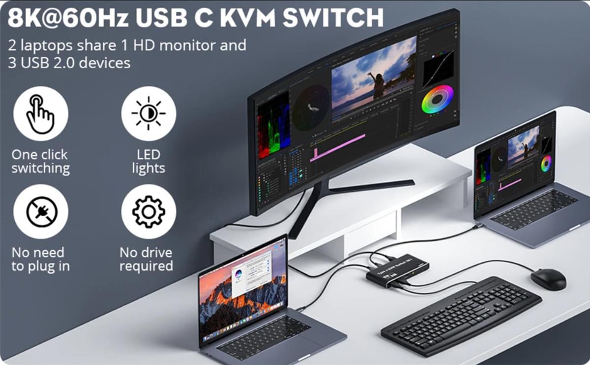 2 Port Type-C KVM Switcher PC Computer USB-C KVM with 4 USB 2.0 Port