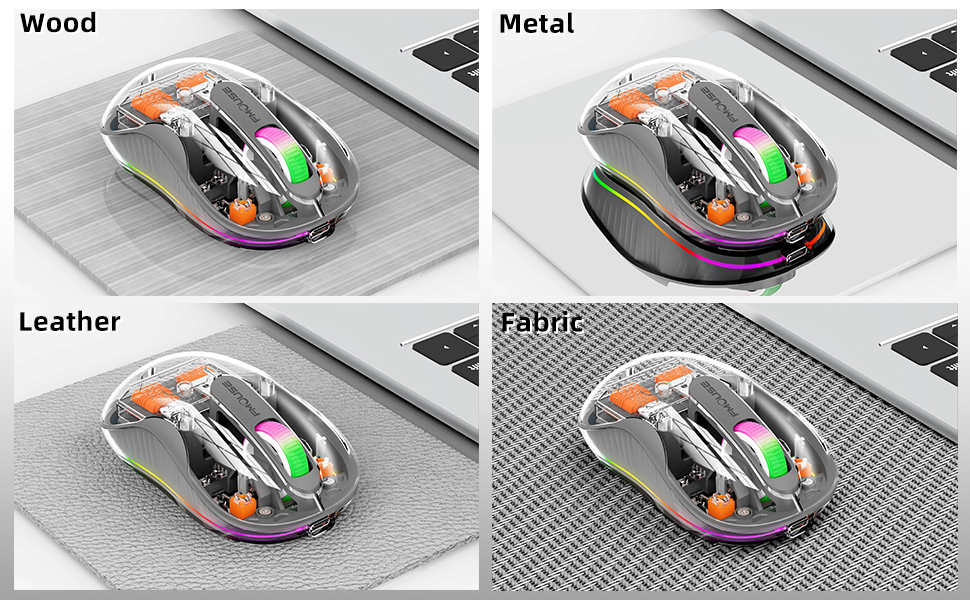 Optical motion detection technology allows the wireless mouse to be used on a variety of smooth surf