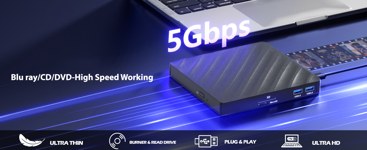 5 in 1 External Blu Ray Drive, Portable Blu Ray Player with USB 3.0 Type-C, CD DVD Burner 3D Blu-Ray