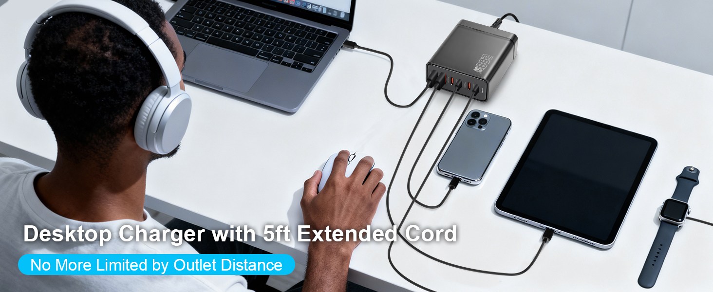 200W USB C Charger, GaN III PD 100W 6-Port USB Charging Station for Multiple Devices, Portable Lapto