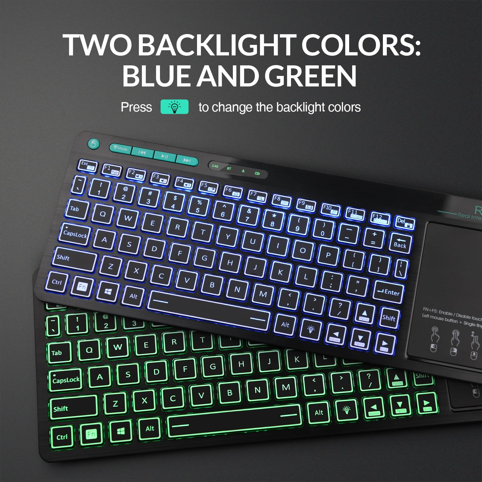 Wireless and Bluetooth 2-LED Color Backlit Multimedia Keyboard