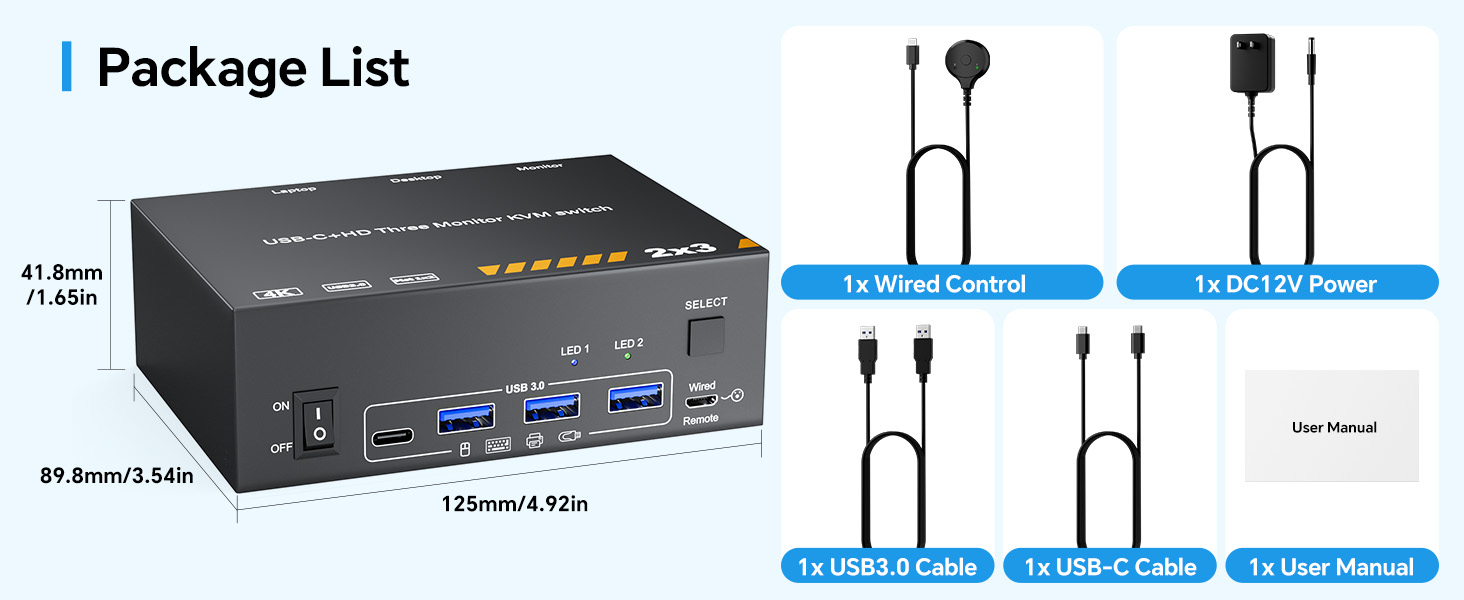HDMI KVM Switch for 1 Laptop & 1 Desktop Share 3 Monitors, 4K HDMI USB Switch