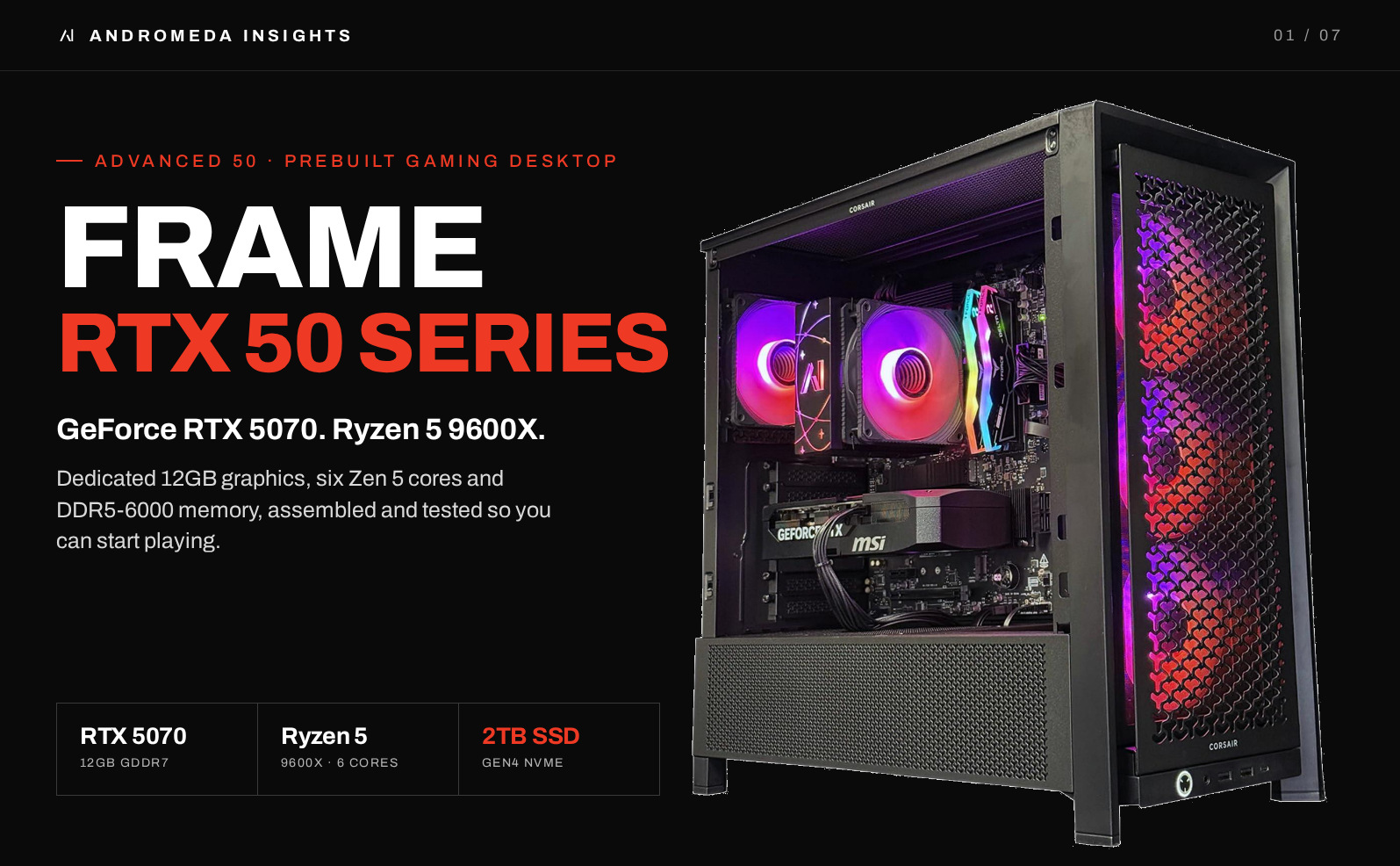 Frame gaming desktop with GeForce RTX 5070 and Ryzen 5 9600X