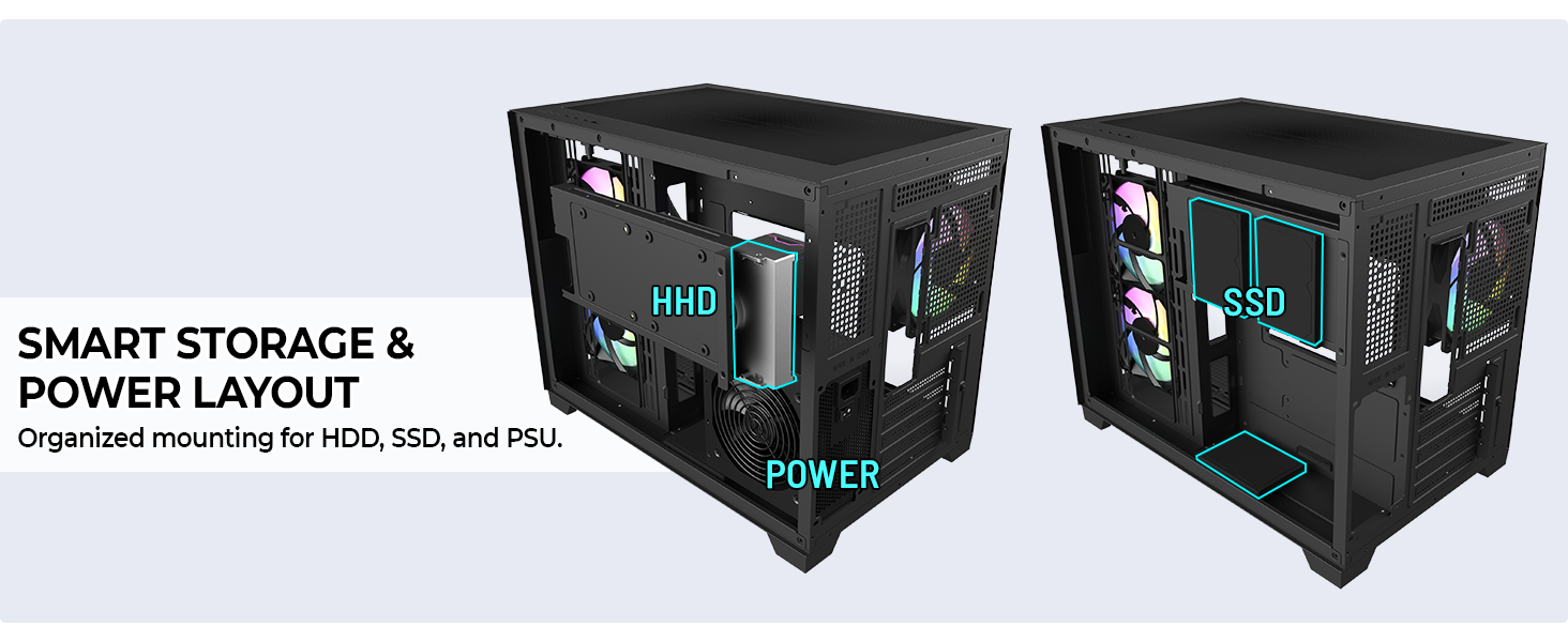 Compact Micro-ATX case with dual-chamber airflow,3 ARGB fans, 400mm GPU, and 360mm radiator support.
