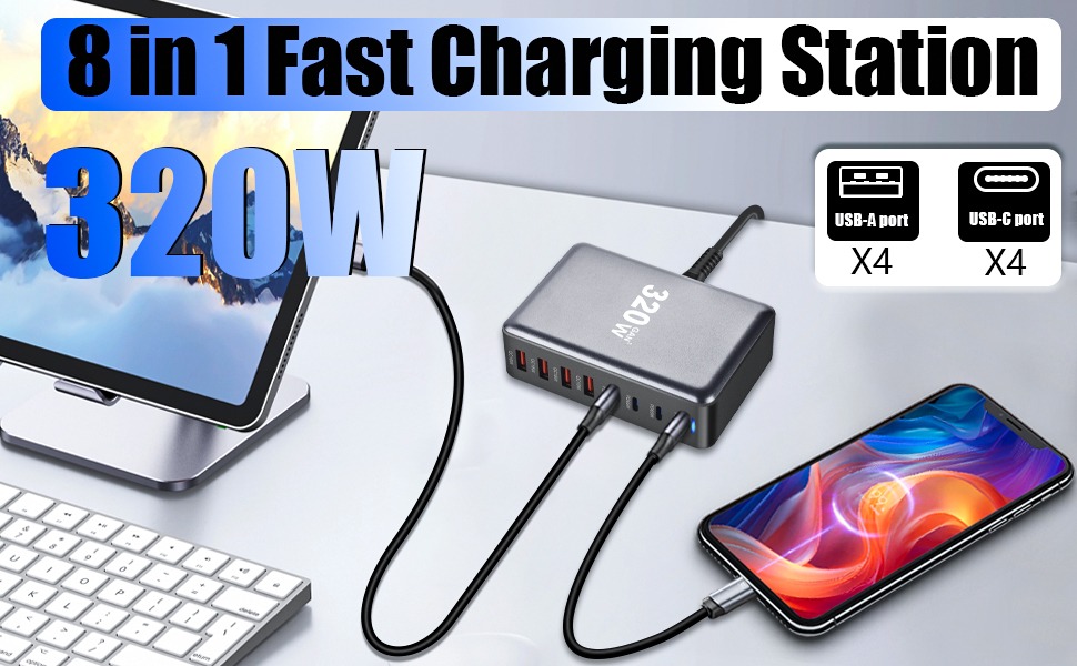 320W GaN III 8 Ports USB C Fast Charging Station Hub