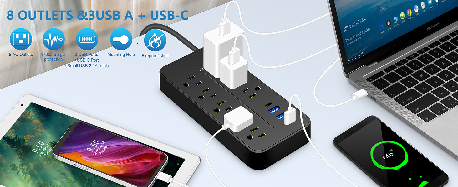 POWER STRIP WITH 8 AC OUTLETS & 4 USB