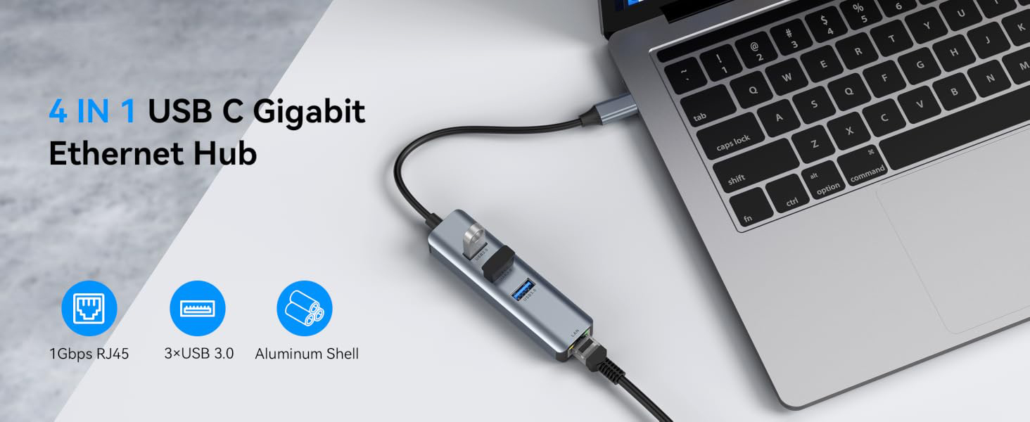 4-in-1 USB C to Gigabit Ethernet Adapter with 3 x USB 3.0 Ports | Plug-and-play RJ45 network USB C H