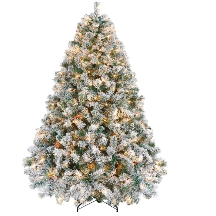 pre-lit flocked christmas tree, 6ft artificial christmas tree, snow covered xmas tree with lights