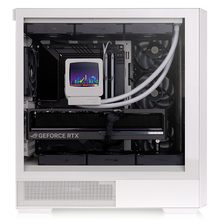 Thermaltake Retro 360 mid tower case front three-quarter view with technical specifications displayed on sides