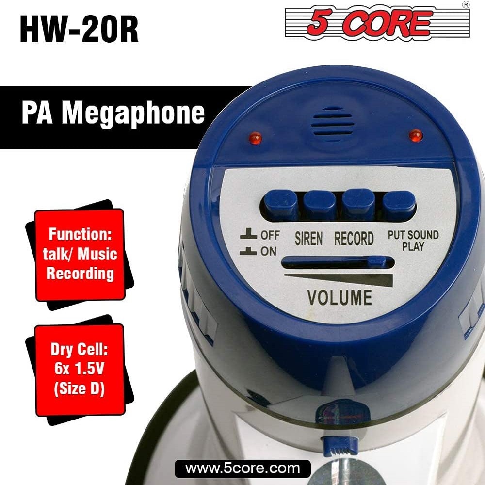 5 Core Megaphone Bull Horn 20W 300M Range Loud Speaker Portable