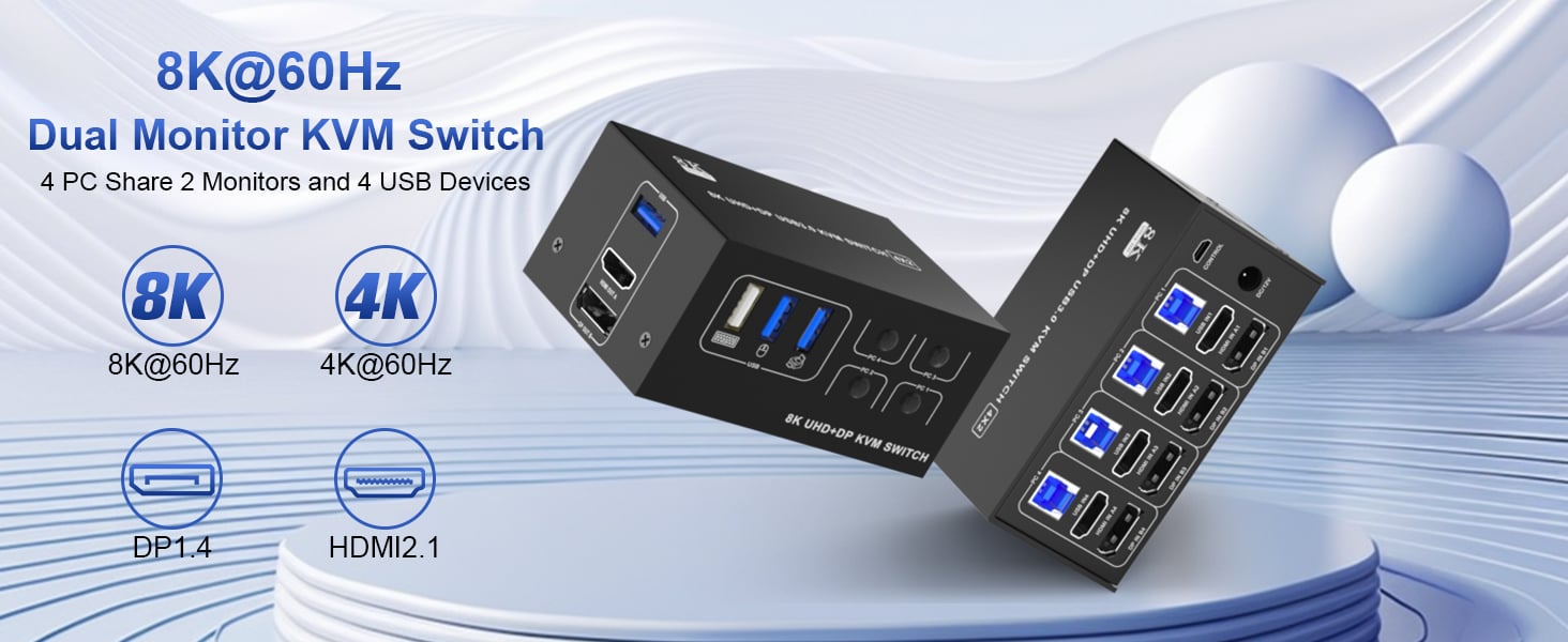 Features:  8K@60Hz Dual Monitor KVM Switch 4-Port allows 4 computers/laptops share one set of keyboa