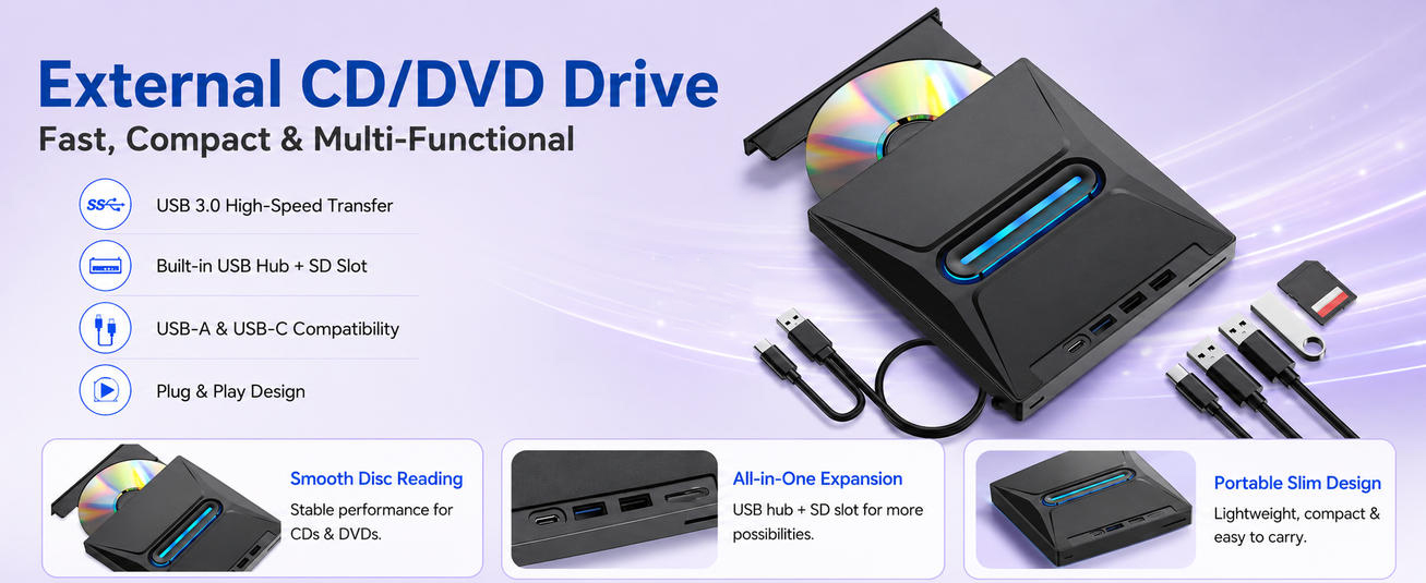 USB 3.0 Type C External CD/DVD Drive with Light Function, Portable Type-C DVD+/-RW Optical Disk Driv