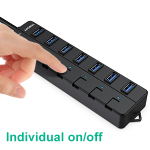 7-Port USB 3.0 Hub, Independent Switch LED indicators, High Speed Data USB3.0 Splitter Hub