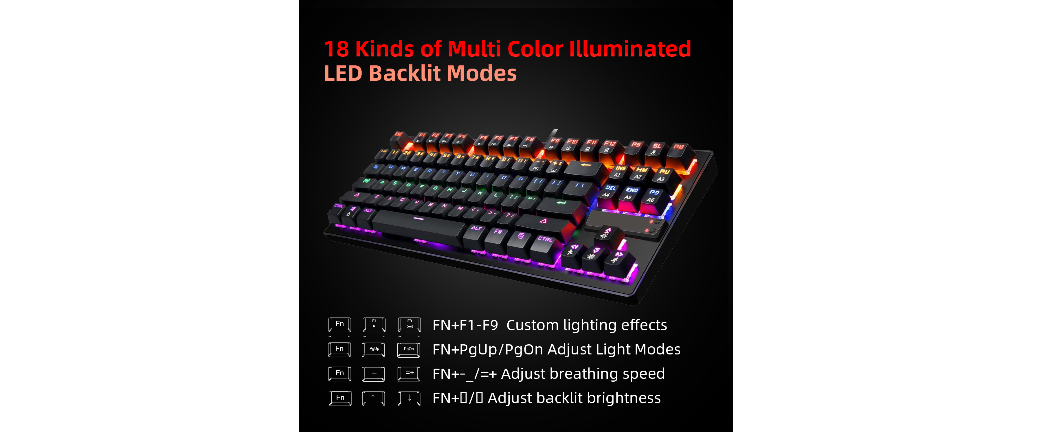 87 key mechanical keyboard, 18 RGB backlit modes, adjustable lighting speed & brightness