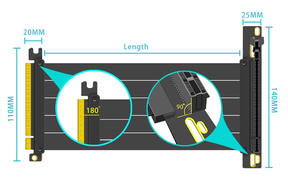 GLOTRENDS PCIe 4.0 X16 GPU Riser Cable Length 200mm, Female 90 Degree ...