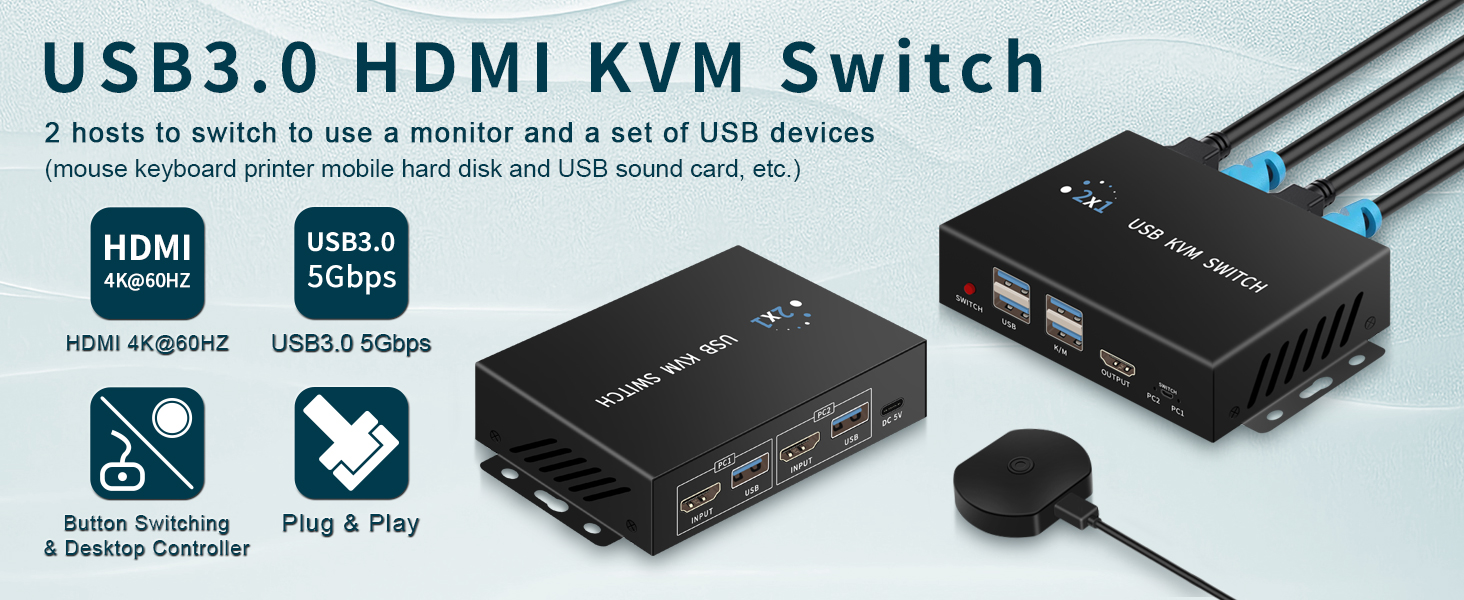 This HDMI KVM switcher allows 2 computers to be switched to share a single monitor and 4 USB devices