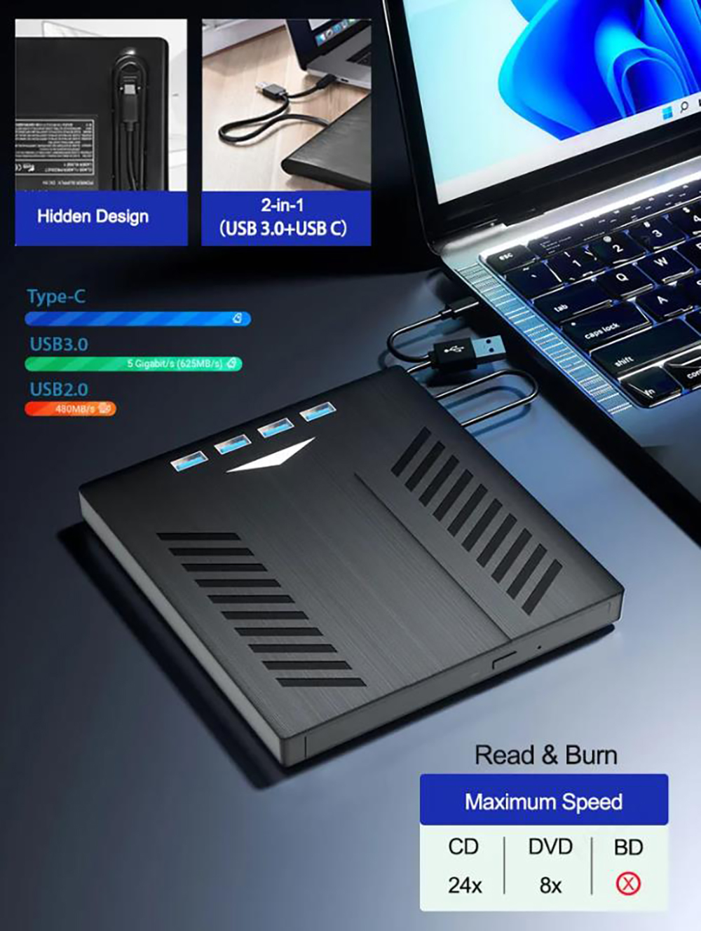 1. 1*USB3.0 + 3*USB2.0 + 1*SD + 1*TF 2. Equipped with USB 3.0 and Type-C interface 3. Data transmiss