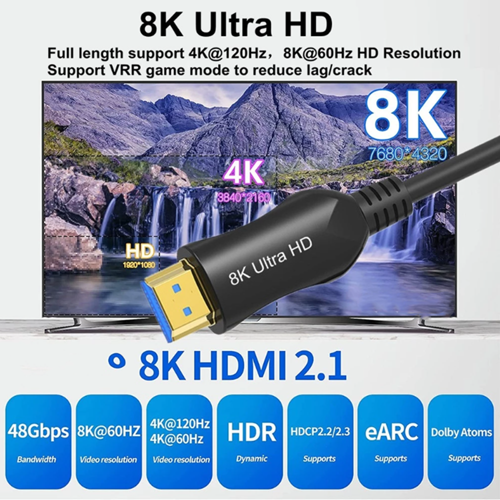 8K HDMI 2.1 Fiber Optic Cable 164ft, Ultra High Speed 48Gbps HDMI Cable, 4K  120Hz 144Hz 2K 240Hz Gaming HDMI Cable 2.1 Certified, eARC HDCP 2.2&2.3 HDR  10+ Dolby for PS5/Xbox Series