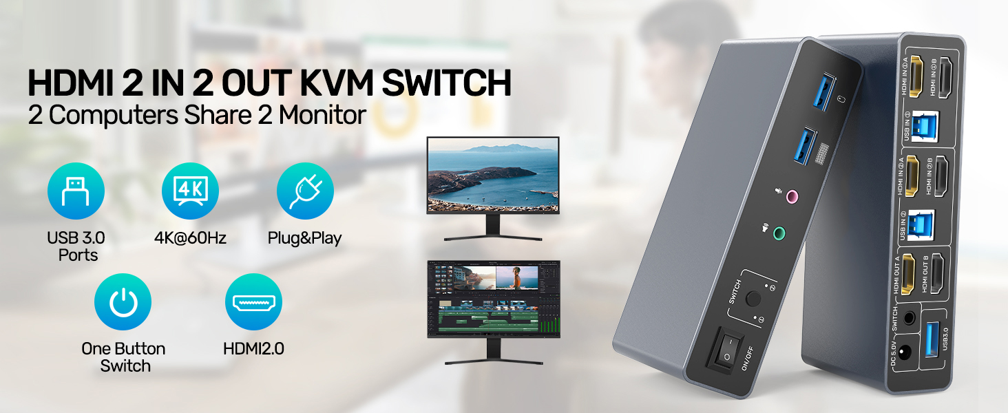 HDMI KVM Switch 2 Monitors 2 Computers, Dual Monitor KVM USB Switcher 4K@60Hz, HDMI Extended/Mirror