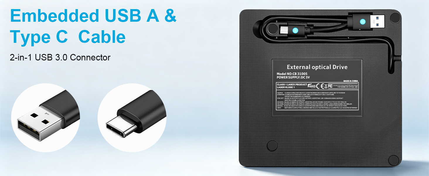 External CD/DVD Drive for Laptop Desktop, External DVD Burner Optical Drive USB 3.0 & Type-C
