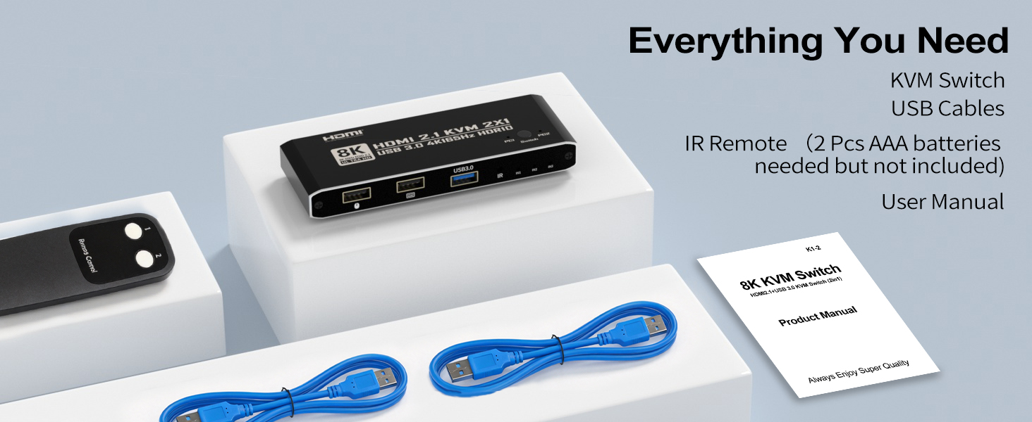 2 Ports HDMI KVM Switch for 1 Monitor 2 Computers, 8K@60Hz 4K@165Hz HDMI KVM Switch 2 in 1 Out